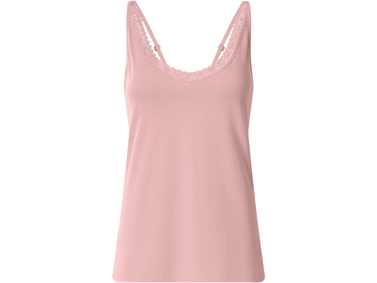 Top rosa feminino com detalhes de renda no decote e alças ajustáveis.