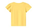 Yellow short-sleeved t-shirt with ruffled sleeves, back view.