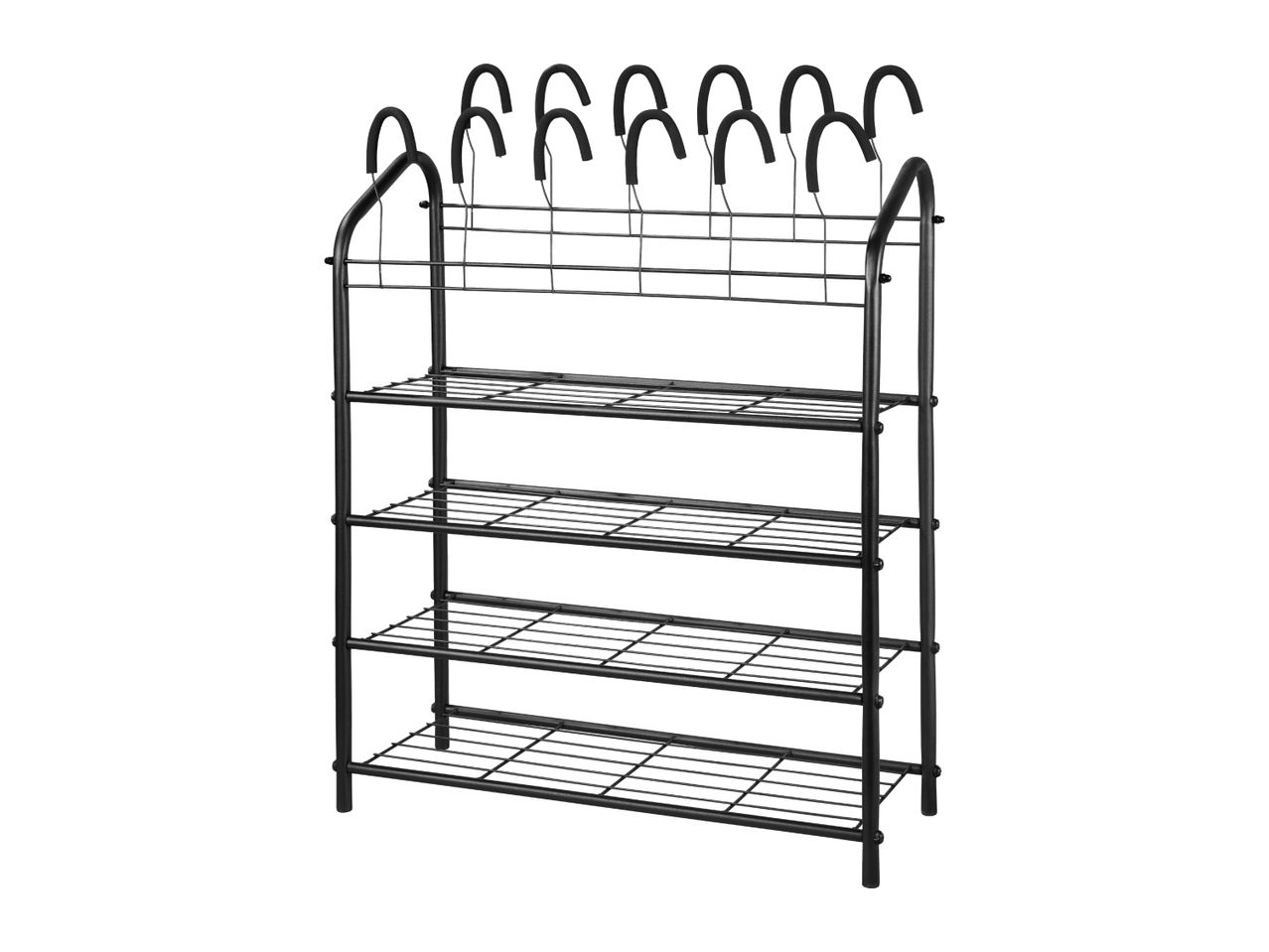 Black metal shoe rack with five shelves and integrated hangers for slippers or boots.