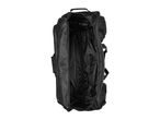Open black duffel bag with mesh pocket, top handle, and side straps.