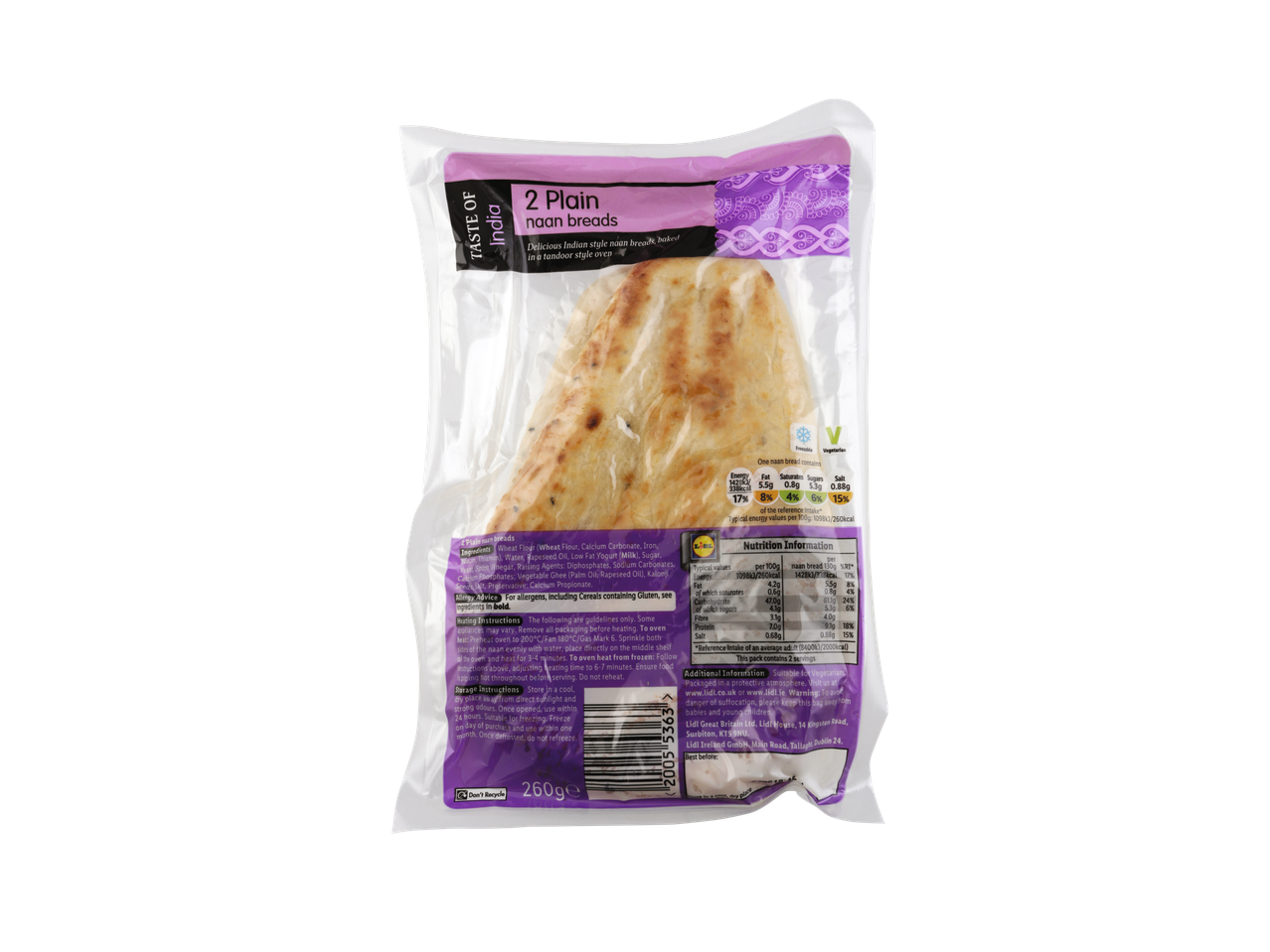Taste of India 2 Plain Naan Breads with nutritional information and heating instructions.