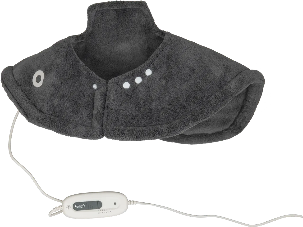 SENSIPLAST® dark grey shoulder and neck heating pad with controller.