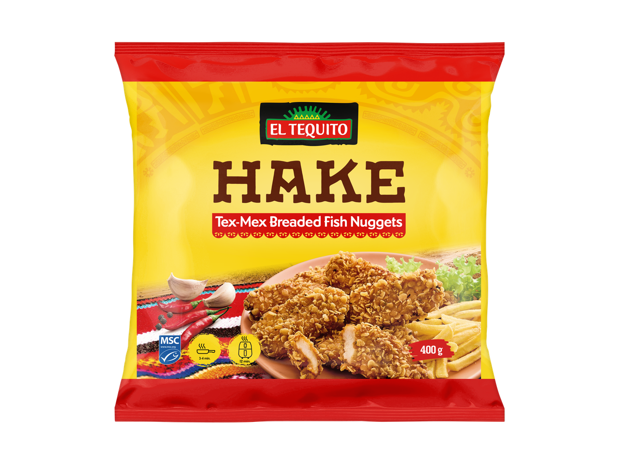 EL TEQUITO Hake Tex-Mex gepaneerde visnuggets, 400g, met bereidingsinstructies en MSC-certificering.