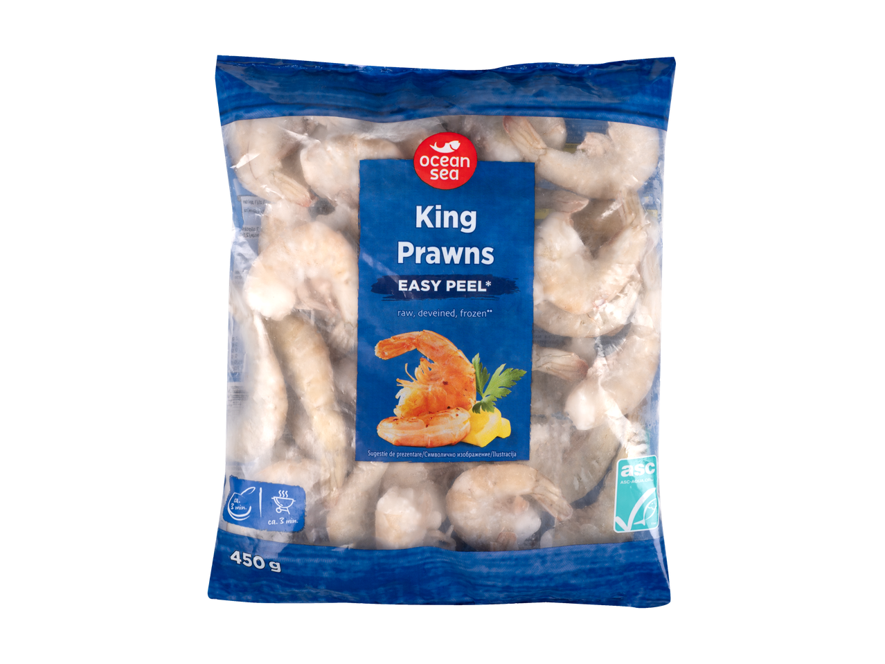 Ocean Sea King Prawns, creveți cruzi, decorticați, congelați într-un ambalaj albastru.