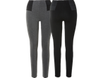 Två par leggings, ett grått och ett svart, med en bred, mörkare linning.