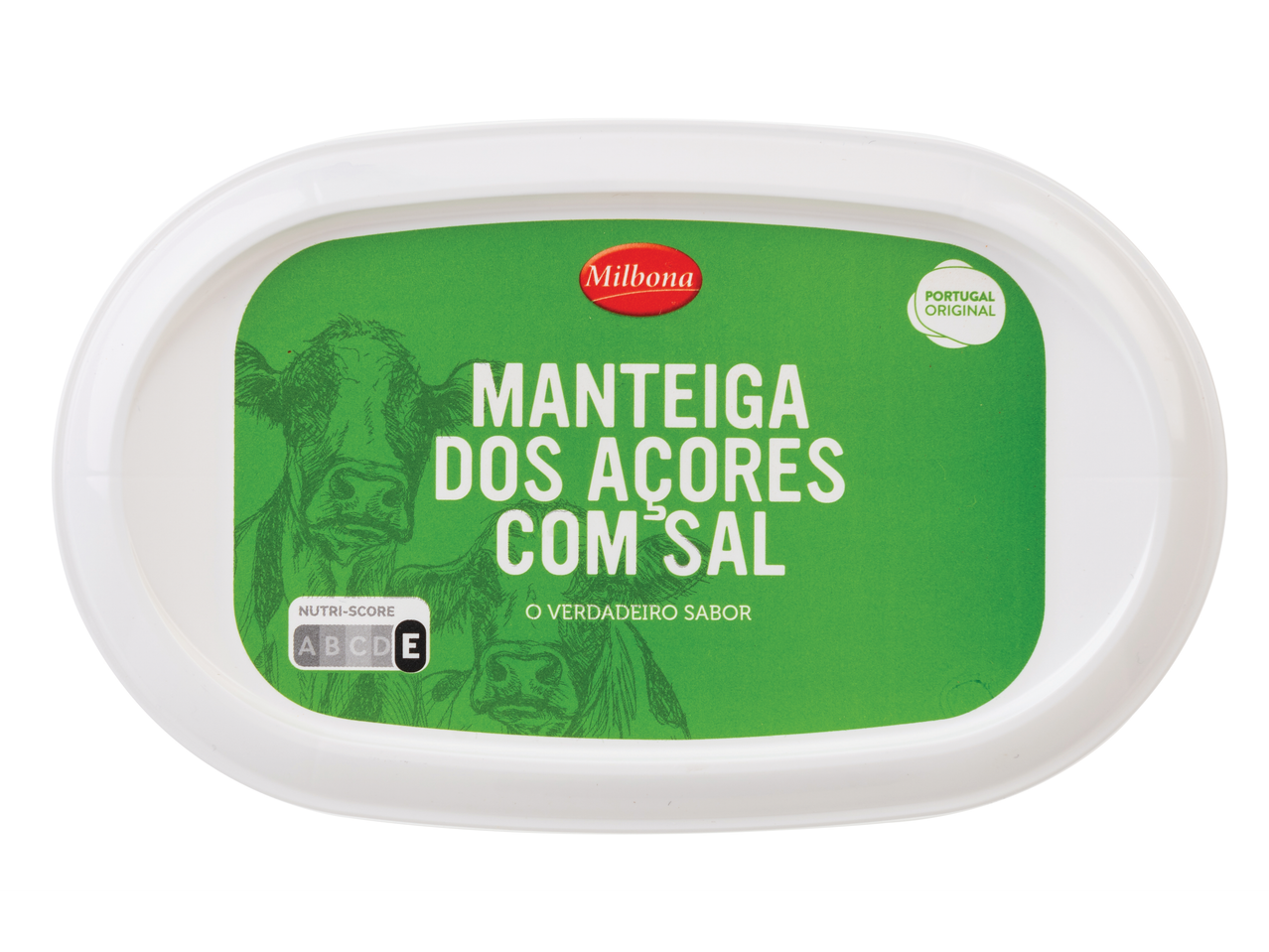 Manteiga Milbona Manteiga dos Açores com sal, apresentando um Nutri-Score E.