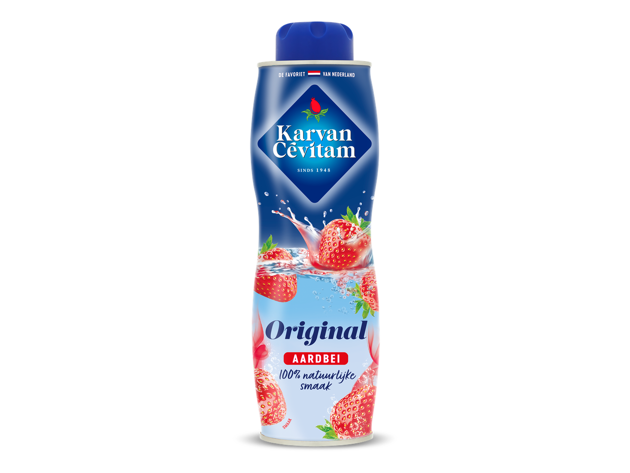 Fles aardbeiensiroop met opschrift 'Original Aardbei 100% natuurlijke smaak'.