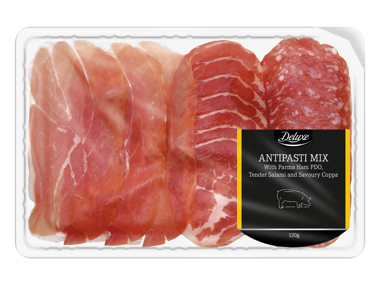 Deluxe antipasto miks: Parma šķiņķis, salami un coppa.