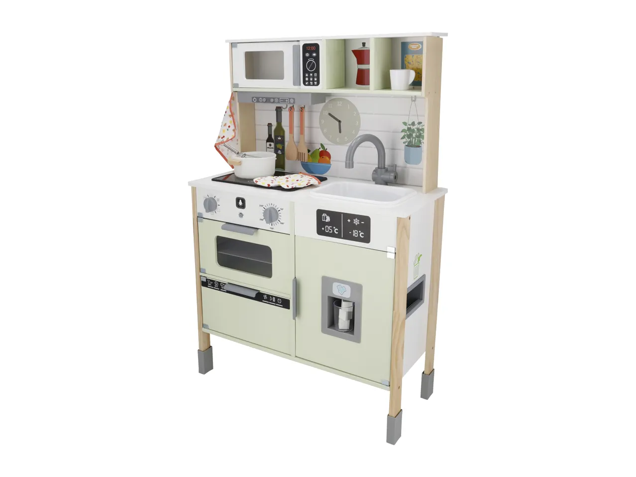Wooden play kitchen with microwave, oven, sink, and refrigerator, featuring various accessories.