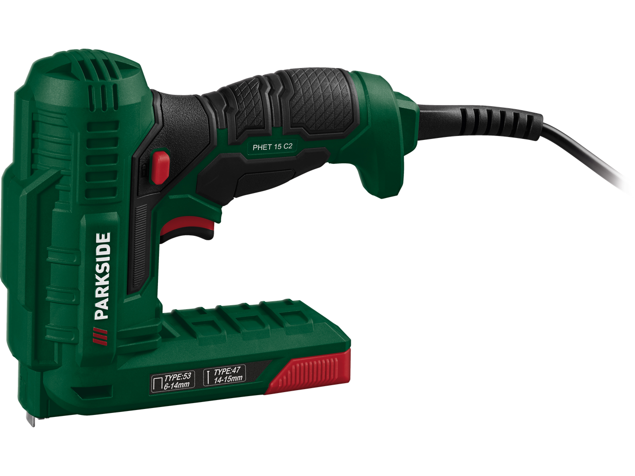 Rebitador elétrico PARKSIDE PHET 15 C2 para agrafos tipo 53 (6-14mm) e pregos tipo 47 (14-15mm).