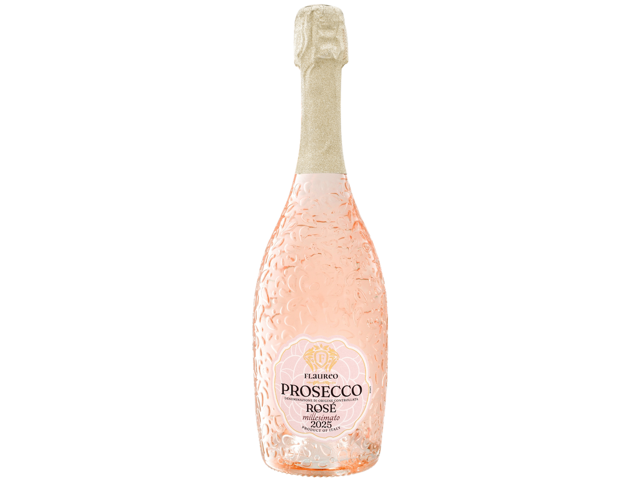Бутилка розово пенливо вино с релефен флорален дизайн и етикет с надпис „PROSECCO ROSÉ Millesimato 2025“.