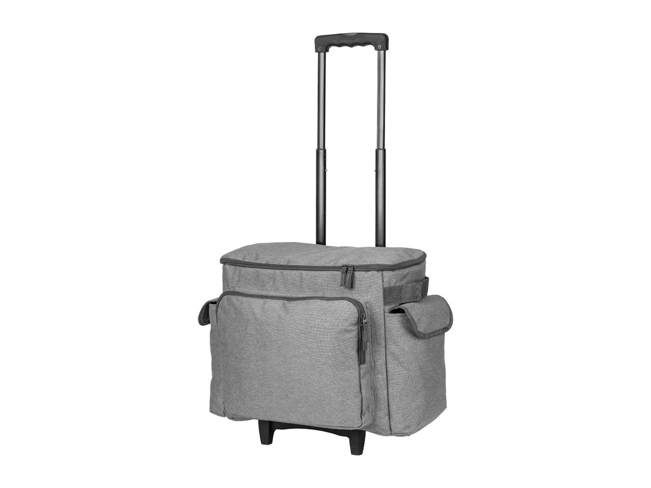 Grey rolling cooler bag with an extendable handle