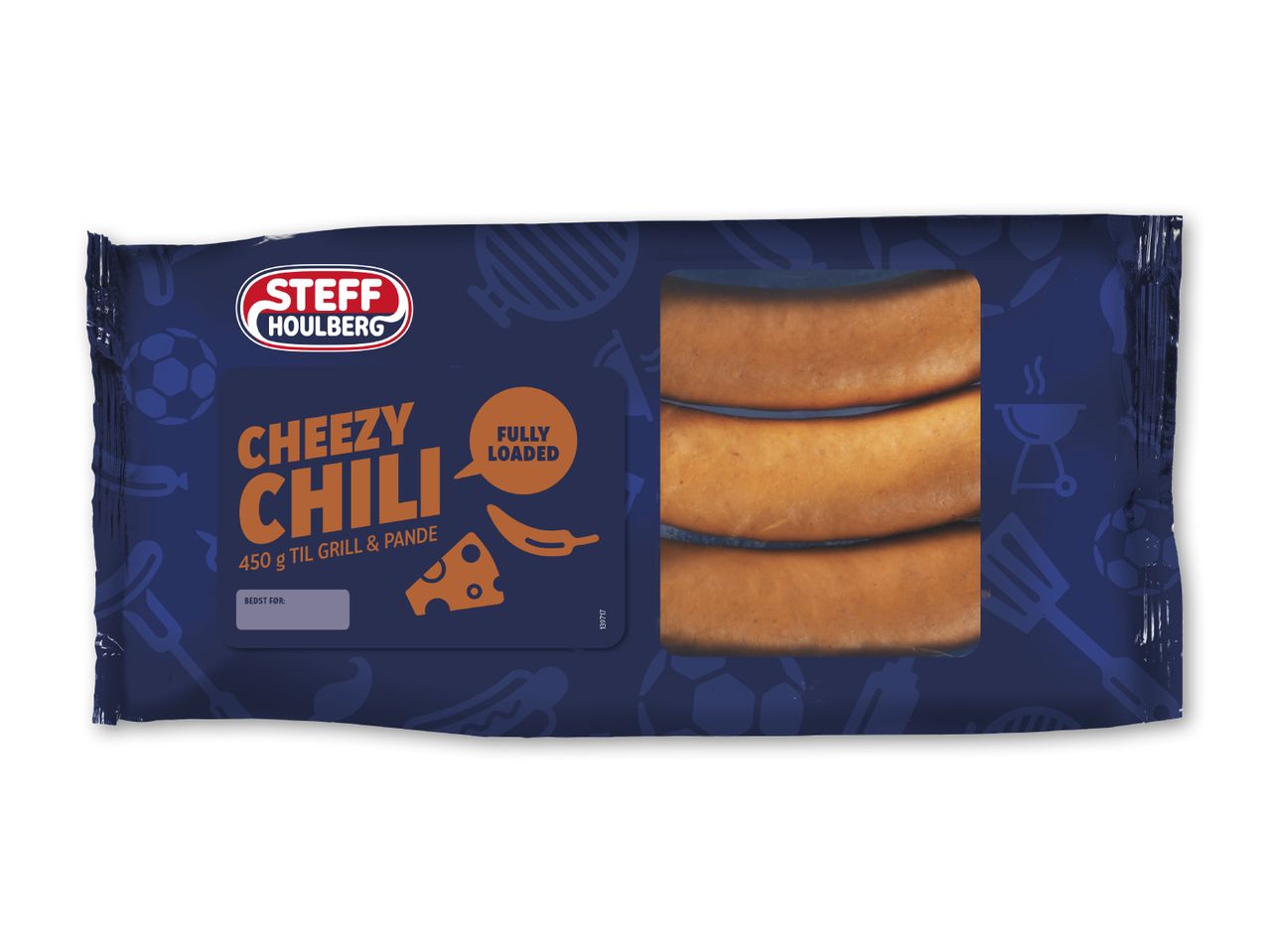 Pakke med tre pølser med teksten 'Cheezy Chili, 450 g til grill & pande, Fully Loaded'.
