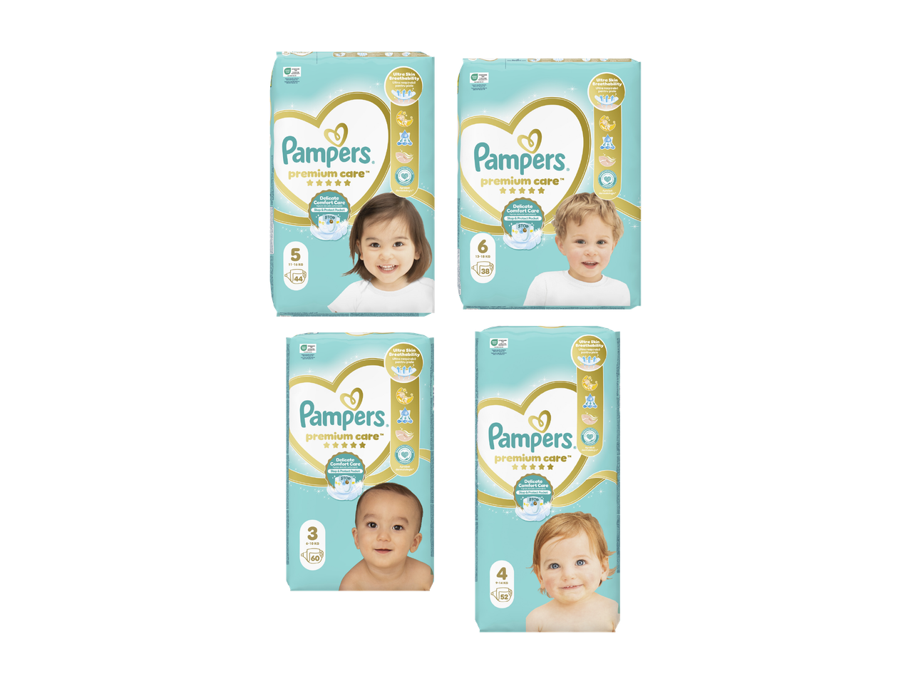 Štiri pakiranja plenic za dojenčke različnih velikosti in količin, z dojenčki na embalaži.
