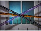 Halloween door decorations with caution tape and haunted house banners.
