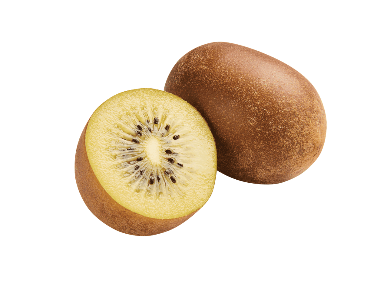 Auksiniai kiviai: vienas sveikas, kitas perpjautas per pusę, atskleidžiantis geltoną minkštimą.