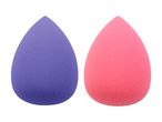 Two teardrop-shaped makeup sponges, one purple and one pink.