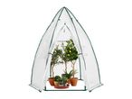 A white, dome-shaped garden greenhouse tent protecting potted plants and small trees