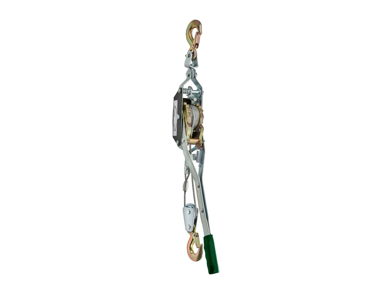 A steel cable puller with a green handle and two hooks.