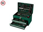 Green toolbox with multiple drawers, containing various hand tools, power tools, and accessories.