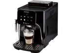 A SilverCrest coffee machine brewing a latte into a glass cup, with steam rising.