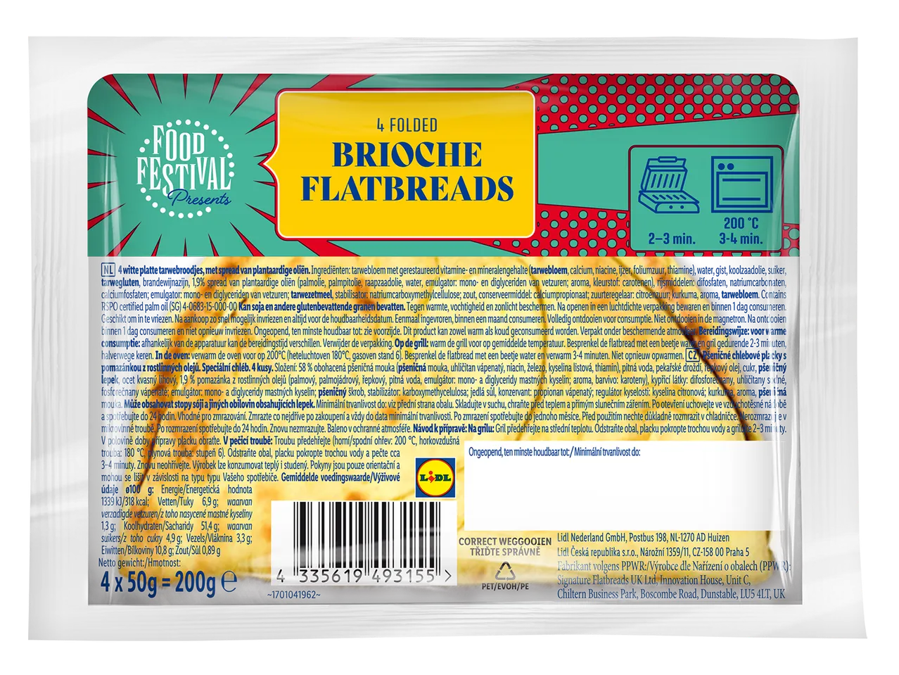 Verpakking van 4 gevouwen brioche flatbreads met bereidingsinstructies en voedingswaarden.