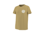 T-shirt beige avec un motif circulaire blanc 'summer wave' représentant des palmiers et des vagues.