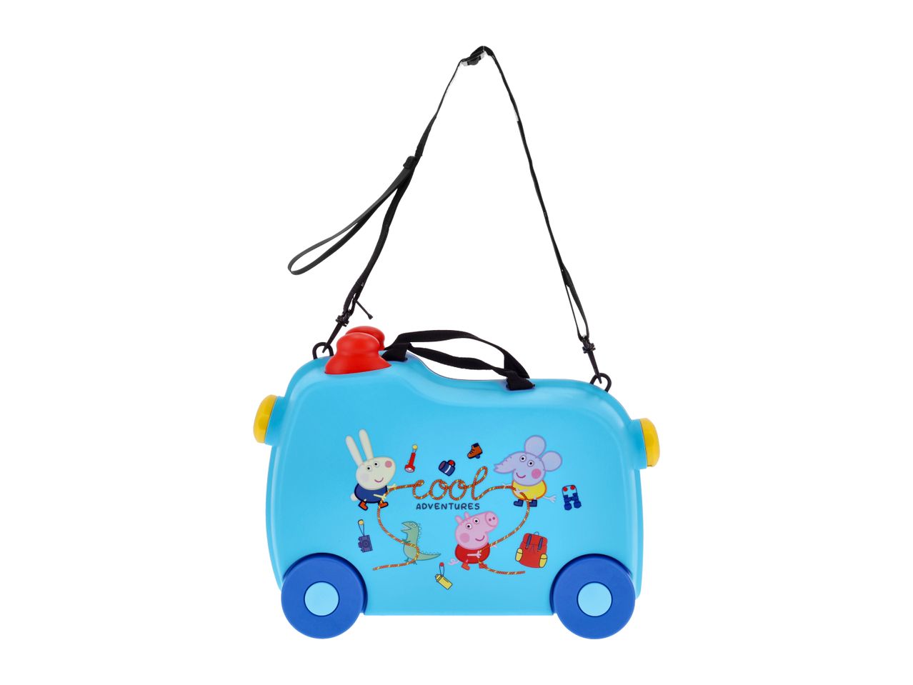 Blue children's ride-on suitcase with cartoon animals and 'Cool Adventures' text.