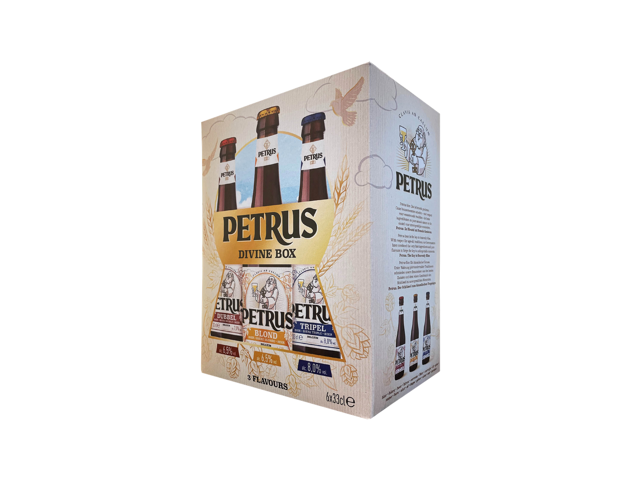 Confezione regalo Petrus con diverse bottiglie di vino.