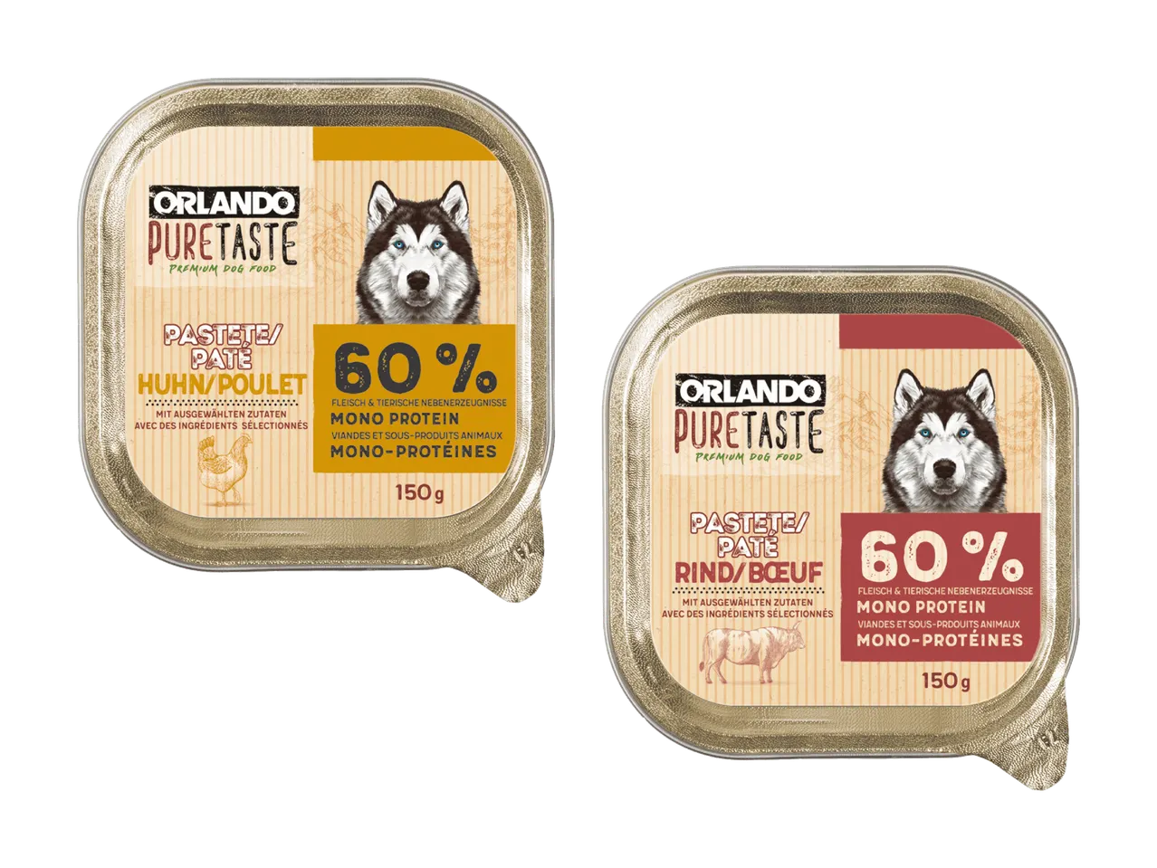 Deux barquettes de pâtée pour chien, poulet et bœuf, avec 60% de protéines.