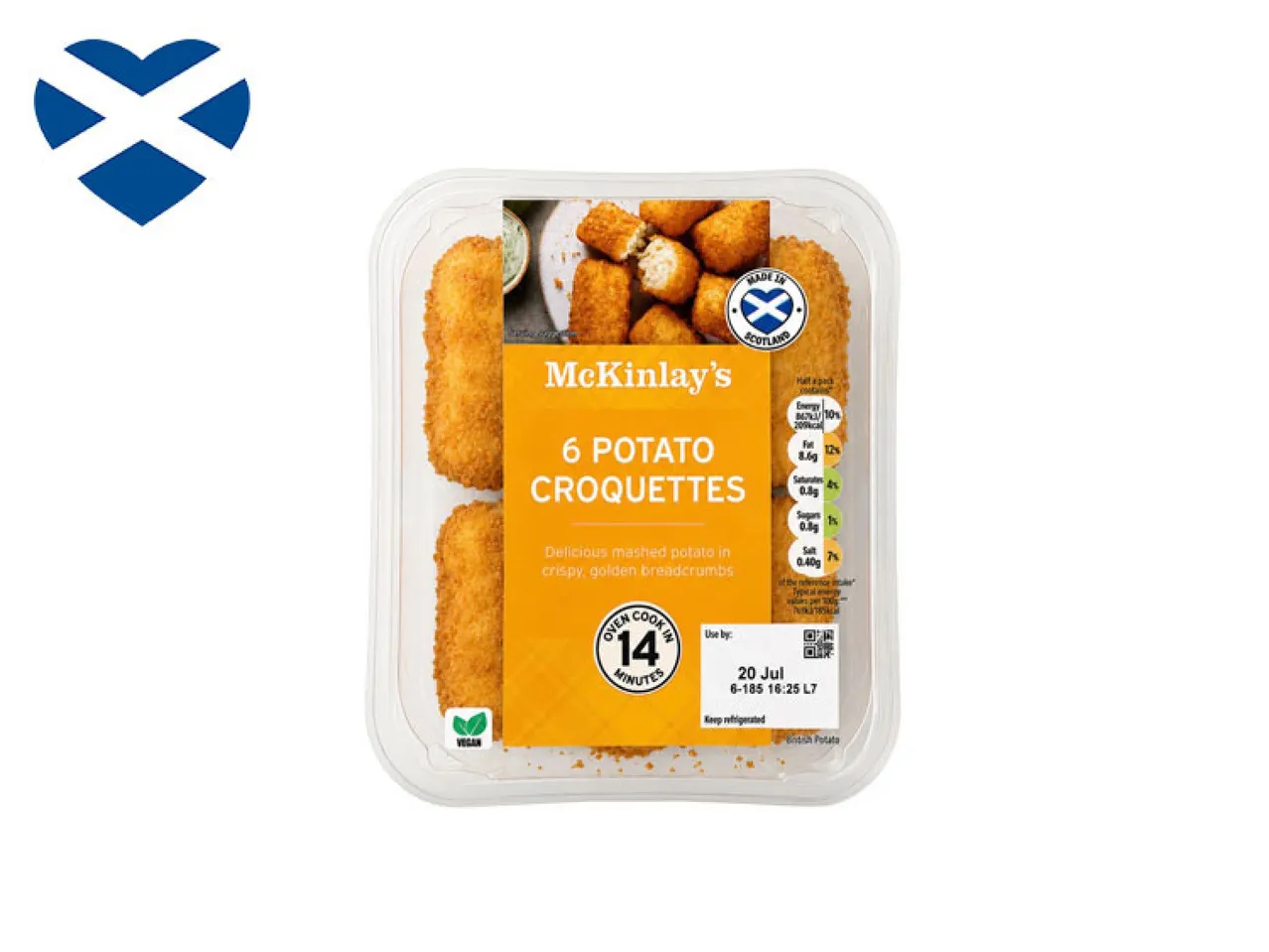 A clear plastic tray of 6 potato croquettes with a label indicating they are made in Scotland and cook in 14 minutes.
