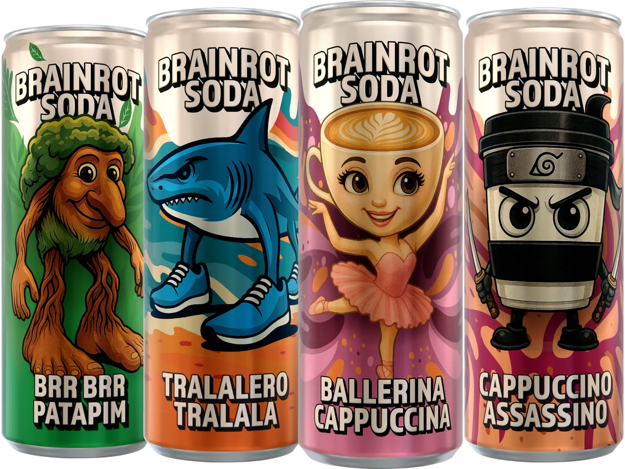 Fyra burkar Brainrot Soda med olika smaker: Patapim, Tralala, Ballerina Cappuccina och Cappuccino Assassino.