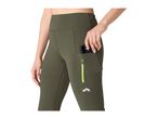 Woman in olive green leggings with a phone in the side pocket and a neon green zipper.