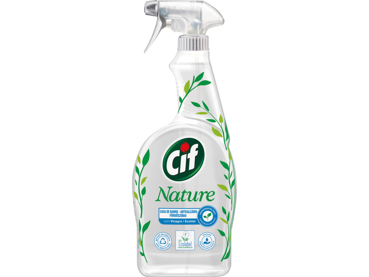 Környezetbarát fürdőszobai tisztító spray ecettel és növényi motívumokkal.