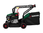 Parkside petrol lawnmower with grass bag.