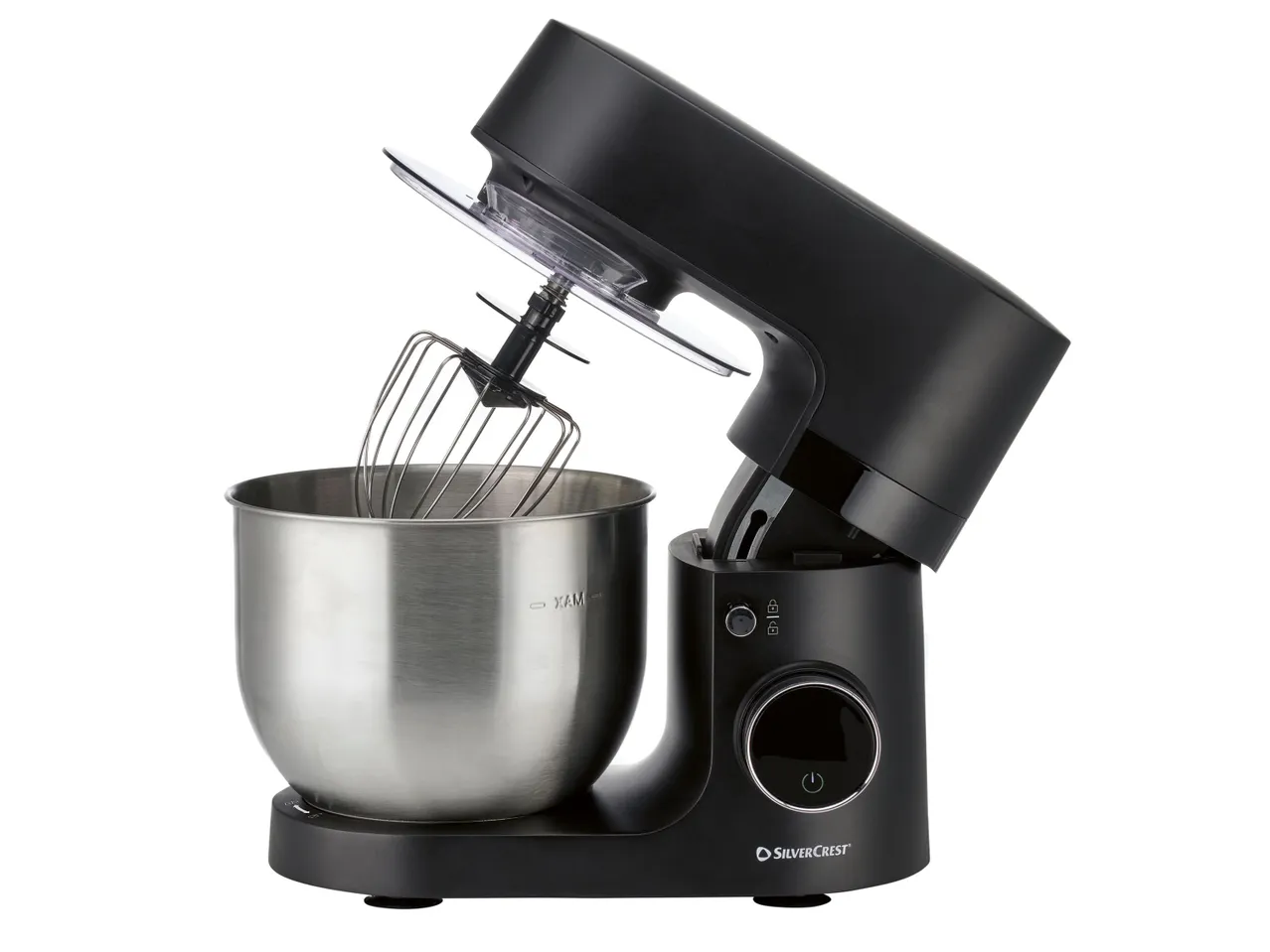 Fekete SilverCrest konyhai robotgép rozsdamentes acél keverőtállal és habverővel.