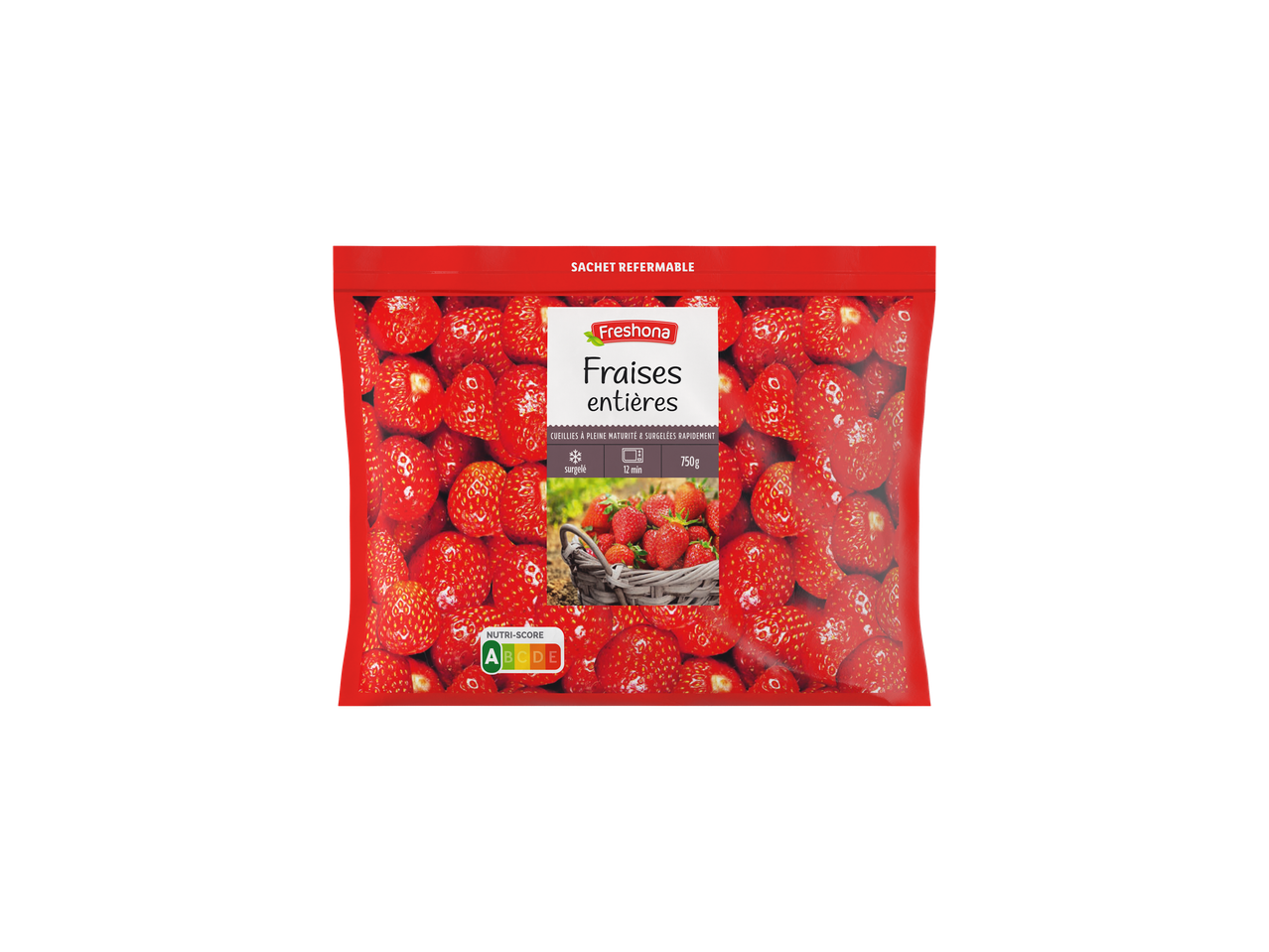 Fraises entières Freshona dans un sachet refermable, 750g.