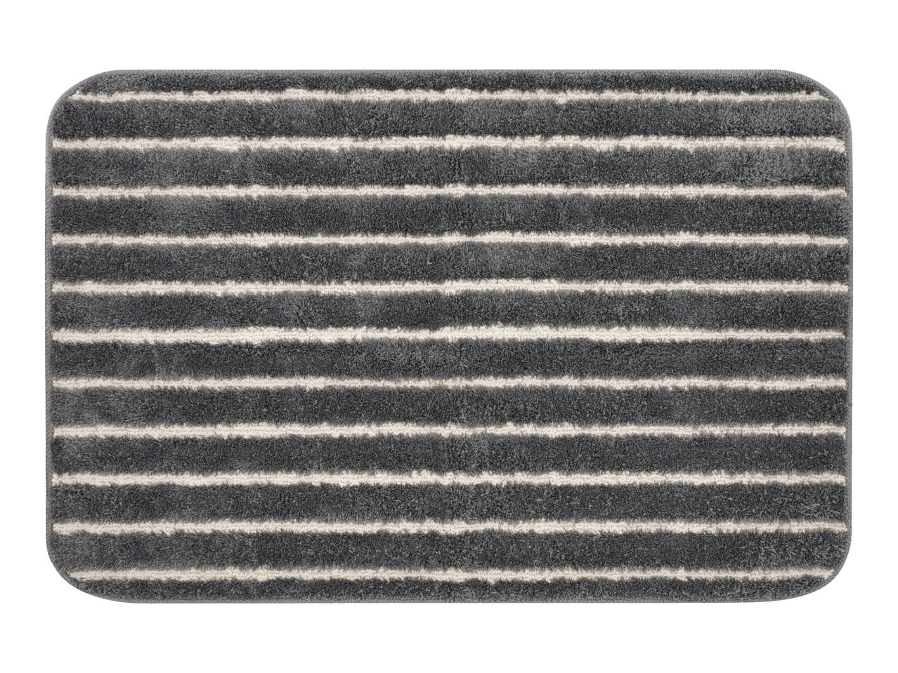 Grey striped bath mat with white horizontal stripes and rounded corners