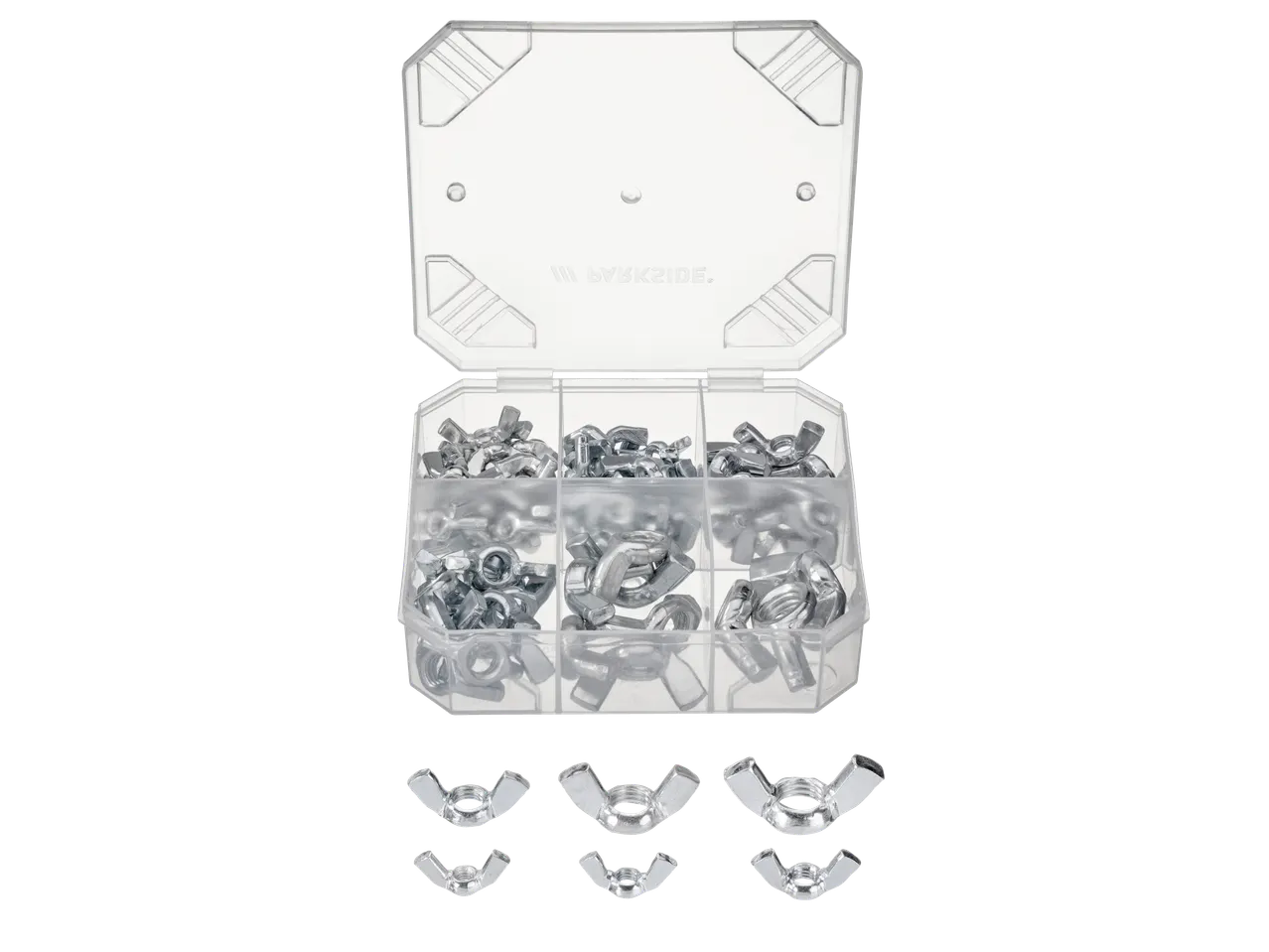 PARKSIDE® DIY assortment of wing nuts in a clear organizer box.