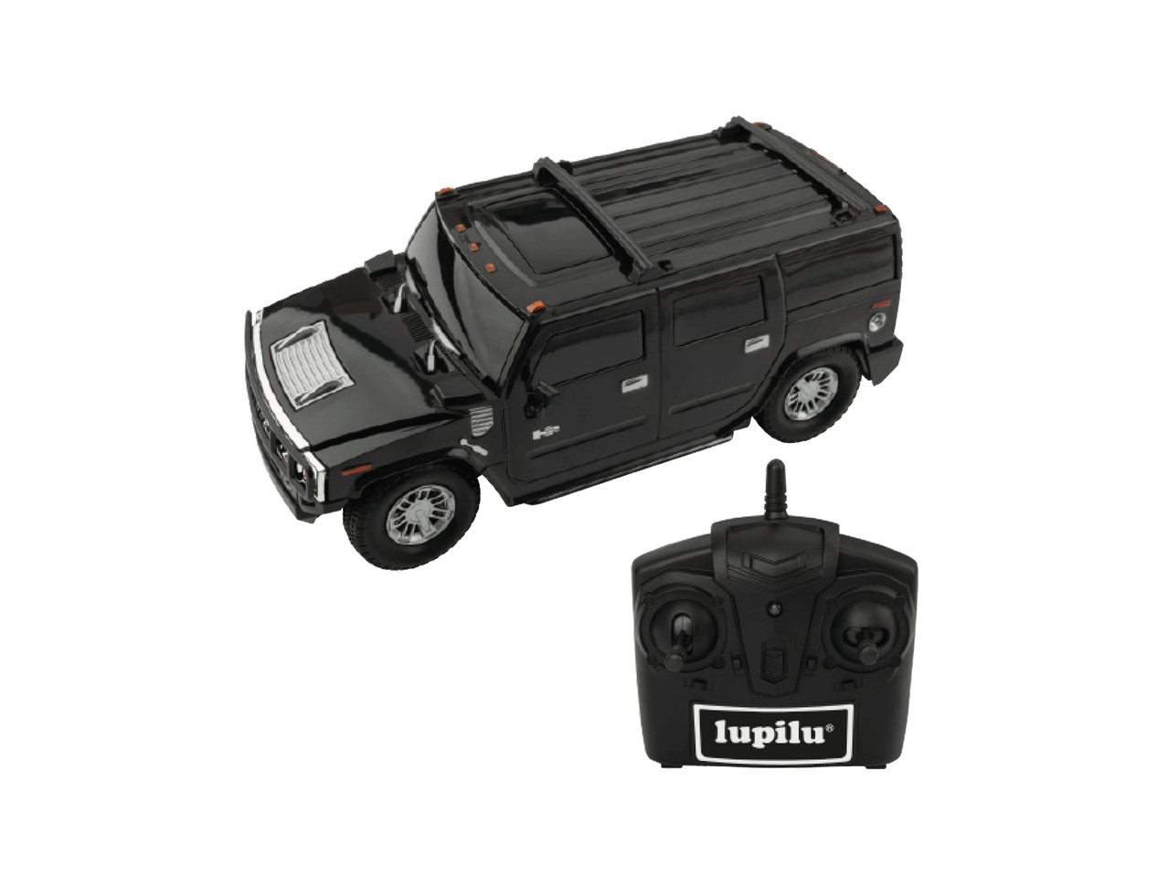 Juodas žaislinis Hummer automobilis su nuotolinio valdymo pulteliu, ant kurio užrašyta „lupilu“.