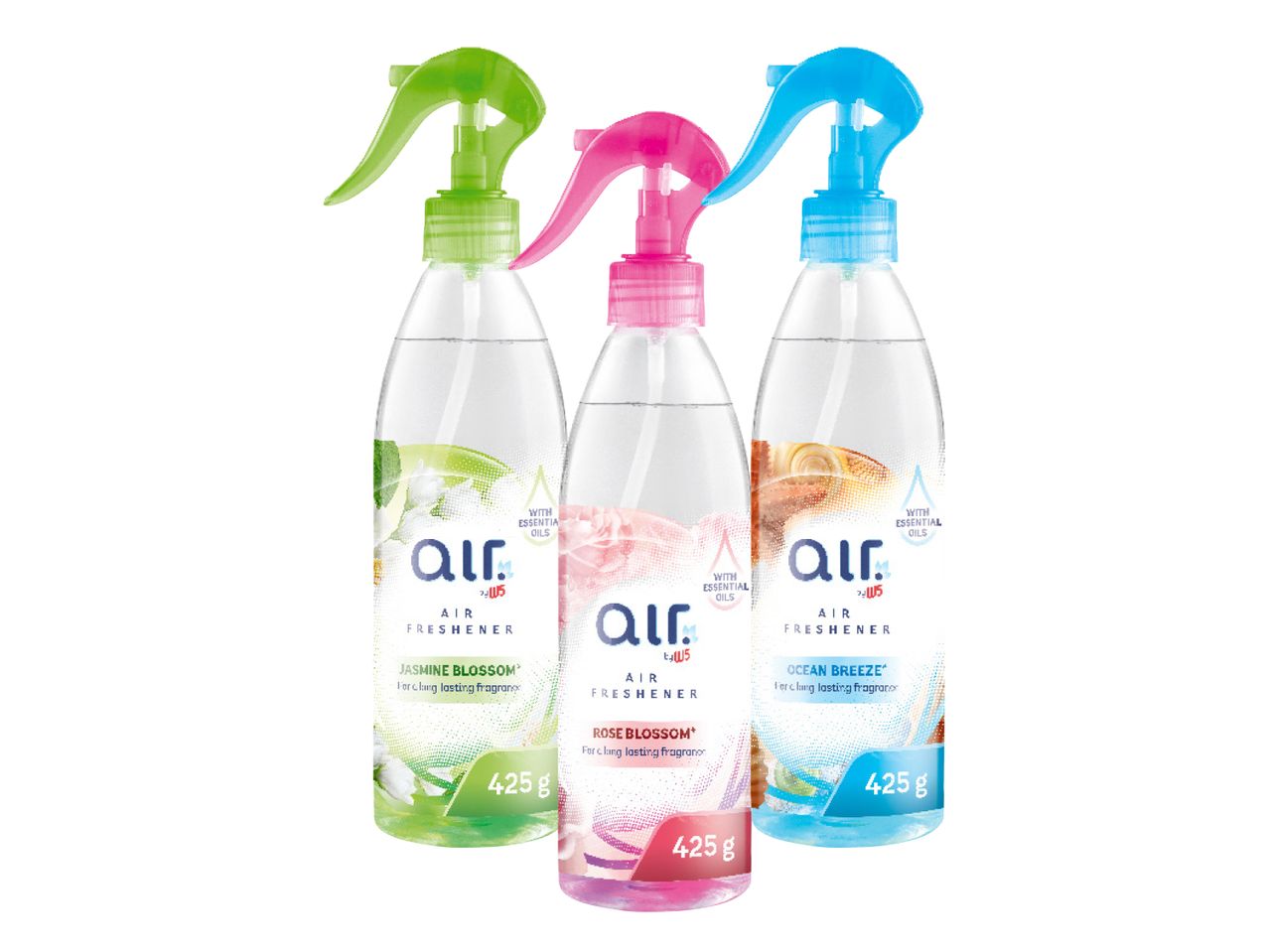 Tre deodoranti spray per ambienti, ai profumi di gelsomino, rosa e brezza marina.
