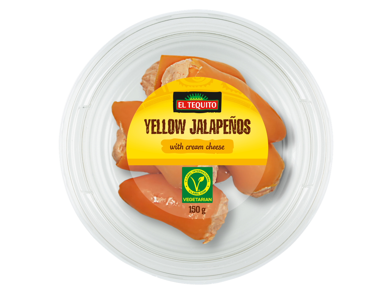 El Tequito yellow jalapeños with cream cheese, vegetarian.