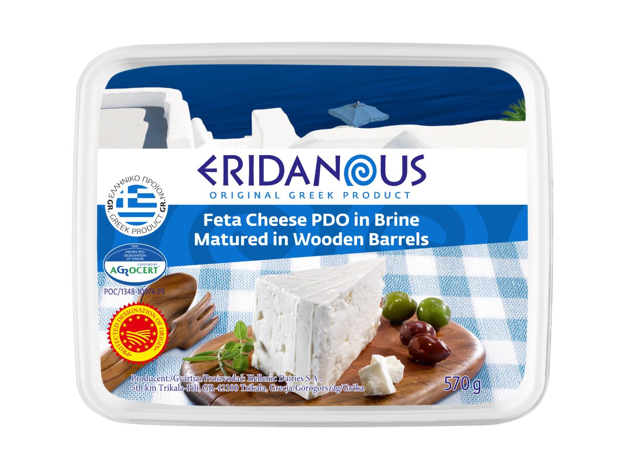 Eridanous PDO feta cheese in brine, matured in wooden barrels.