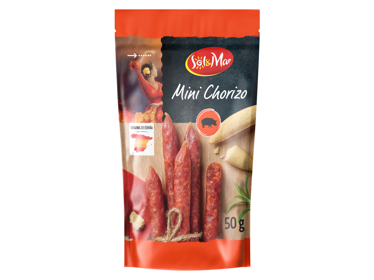 Mini chorizoworstjes met soepstengels, rozemarijn en een Spaanse danseres op de verpakking.