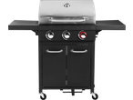 Grillmeister 3 Burner Gas Barbecue with stainless steel lid and black cabinet