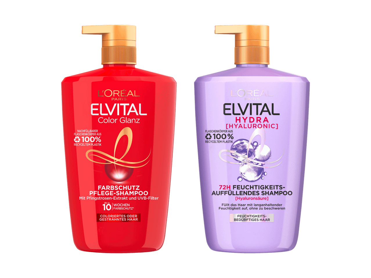 Zwei L'Oréal Elvital Shampoos: Color Glanz für Farbschutz und Hydra Hyaluronic für Feuchtigkeit.