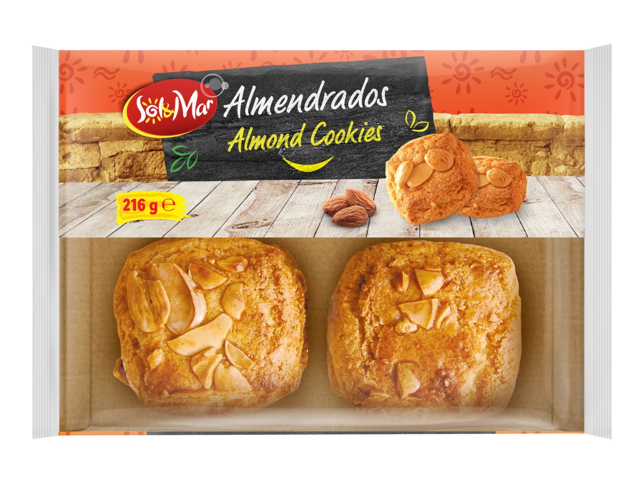 Almond cookies in packaging, with text 'Almendrados Almond Cookies' and weight 216g.