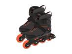 Ein Paar schwarze Inline-Skates mit orangenen Rollen.