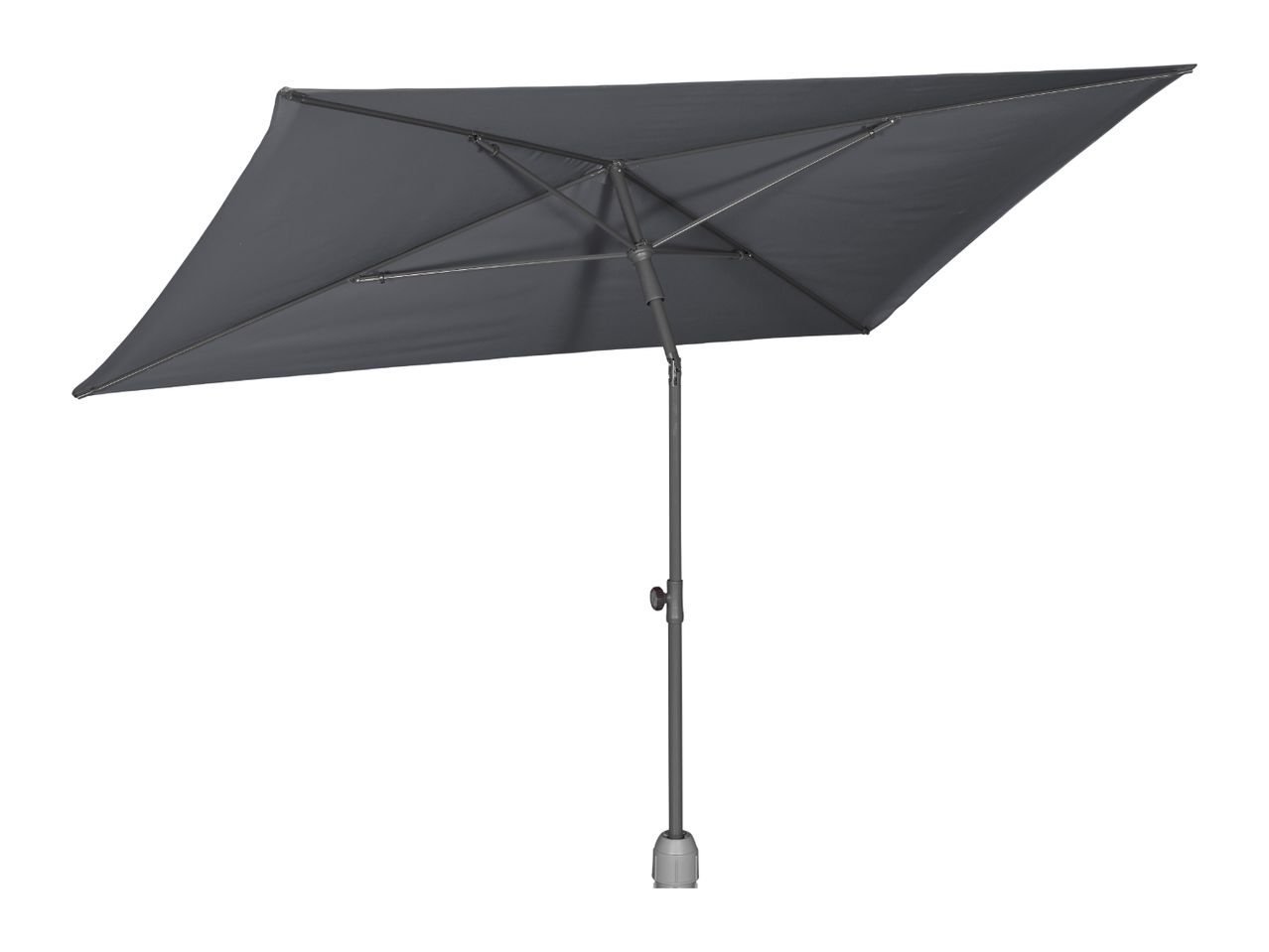 Dark grey rectangular patio umbrella with a central pole and base.