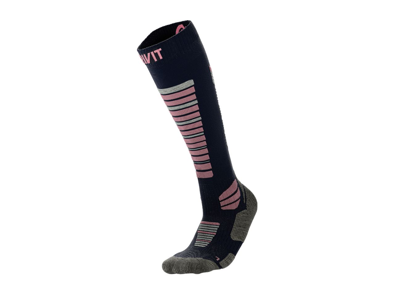 A single dark blue ski sock with pink and grey stripes and accents.